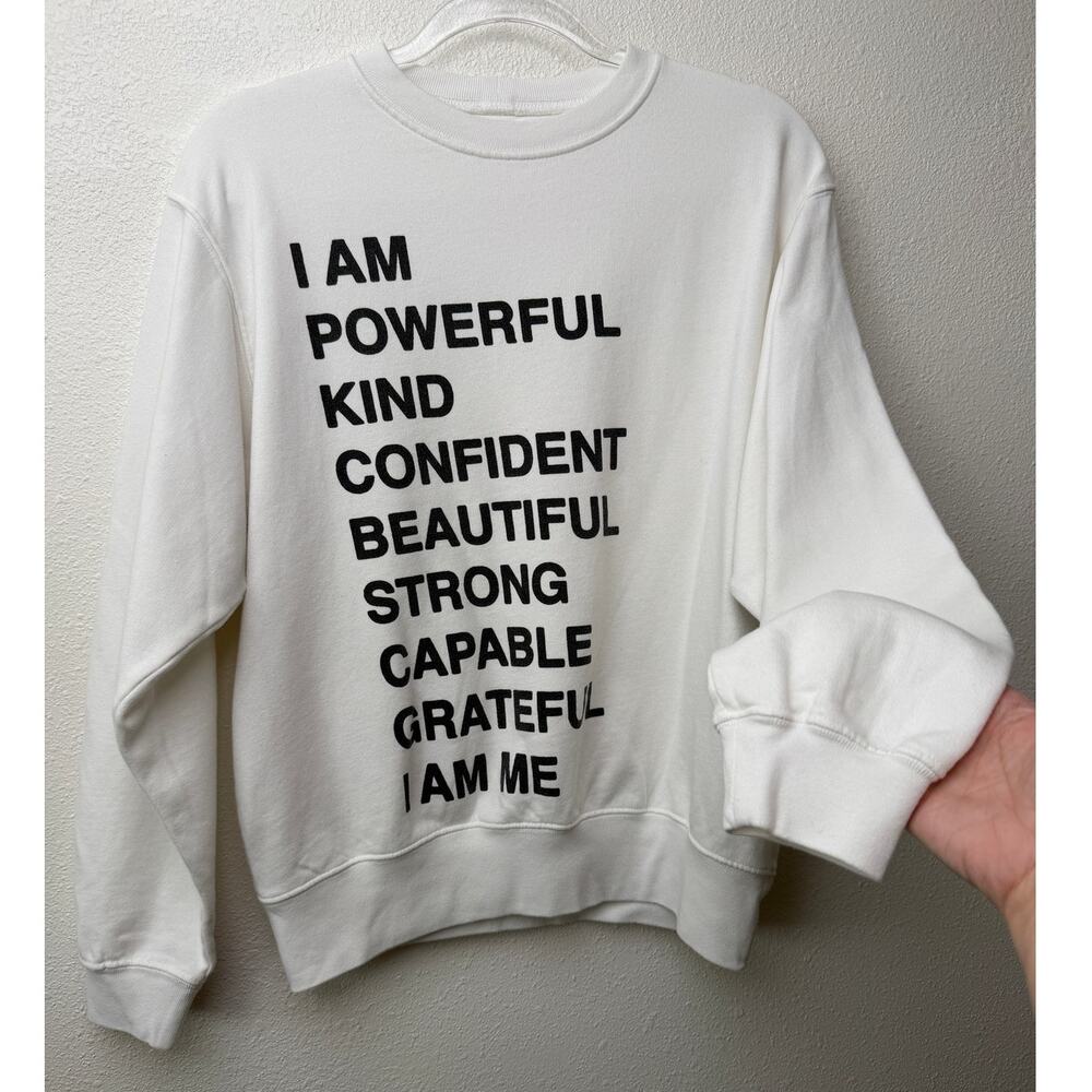 Anine Bing White Graphic Sweatshirt I Am Powerful Quote Crewneck Pullover XS - Picture 2 of 13